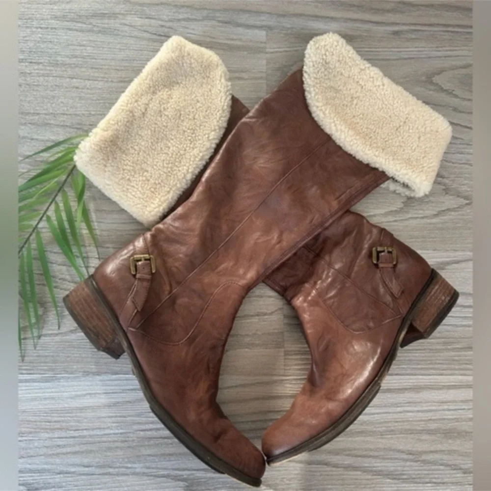 ✨Sam Edelman Kara Brown Tall Leather Boots with Cream Fur Lining worn 5x